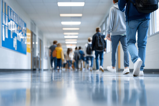 School corridor bustling with students, a vivid illustration of youthful energy and the rhythm of school life. The soft focus enhances the sense of motion - Powered by Adobe