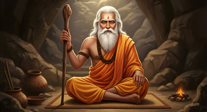 An ancient Hindu Rishi with a white beard in a cave
