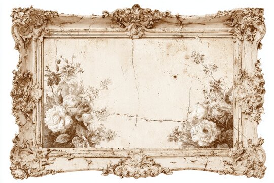 Ornate antique white frame with floral design, aged and cracked with decorative floral elements