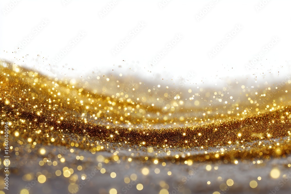 Poster golden glitter cascade creating shimmering wave effect, abstract golden texture and sparkles on a gr