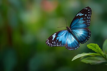 Obraz premium Exquisite blue butterfly in graceful flight full body close up view 