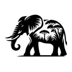 Black and white vector silhouette of an elephant on white background