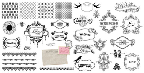Elegant Vintage Wedding Elements: A collection of intricate wedding vector elements, from delicate patterns to ornate frames, vintage envelopes, designed with artistic flourish.