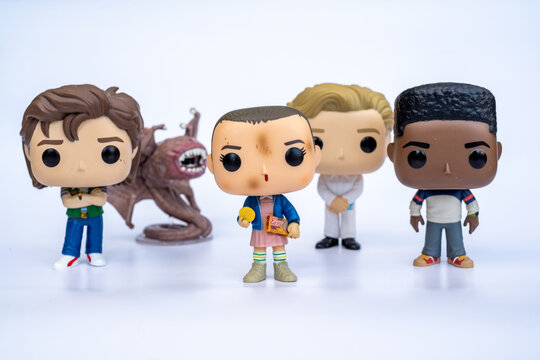Tallinn, Estonia - July 27, 2025: Funko POP stranger things popular movie character toys Eleven, Steve, Lucas. Funko Inc (FNKO) manufactures licensed and limited pop culture collectibles.