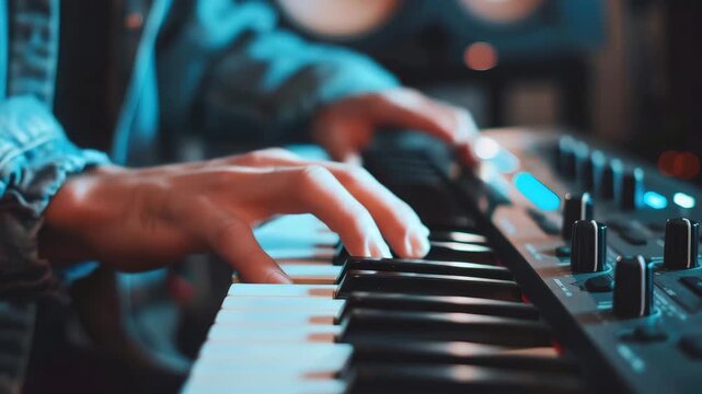 Creating melodic sounds with electronic keyboard in a modern music studio at night