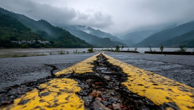 Flood-damaged mountain road cracked by heavy rain. Yellow lines split by erosion, with river rising beside misty forest hills. Nature overtakes man-made structure.
