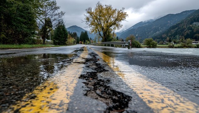 Flood-damaged mountain road cracked by heavy rain. Yellow lines split by erosion, with river rising beside misty forest hills. Nature overtakes man-made structure.