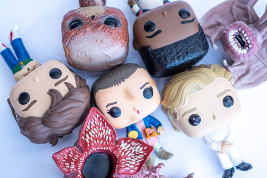 Tallinn, Estonia - July 27, 2025: Funko POP stranger things popular movie character toys. Funko Inc (FNKO) manufactures licensed and limited pop culture collectibles.