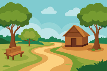 Obraz premium A vector illustration of a rural landscape with a farmhouse, trees, and a vibrant sky