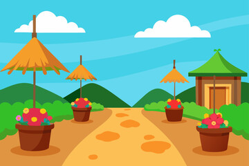 Vector illustration of a rural landscape with a cartoon house, trees, and green grass under a summer sky with clouds and sun