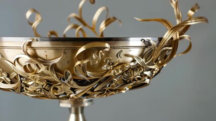 Elegant golden decorative bowl with intricate designs and floral motifs showcased against a neutral background