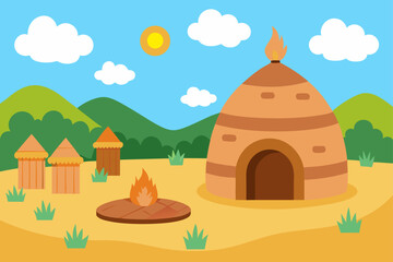 Naklejka premium Cartoon village landscape with a church and a house in the mountains, surrounded by nature and trees under a summer sky