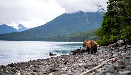 Grizzly bear on a rocky shoreline of a tranquil lake, mountains in the background.