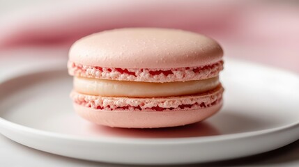 Fototapeta premium A pink macaron sits on a white plate, showcasing its delicate layers and smooth texture against a soft, blurred background.