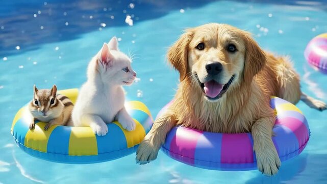 Cute pets enjoying summer fun in the pool on colorful floaties under the sun