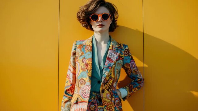Fashion model showcases vibrant floral suit against bright yellow backdrop in urban setting, evoking a modern style statement in daylight