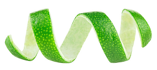 Curly lime fruit zest isolated on a white background. Fresh lime fruit peel, cocktail ingredient.