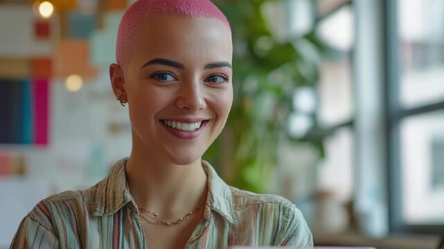 Portrait of a woman with a shaved head smiling directly at the camera
