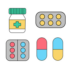 Set of cartoon pills collection. Medical pills.
