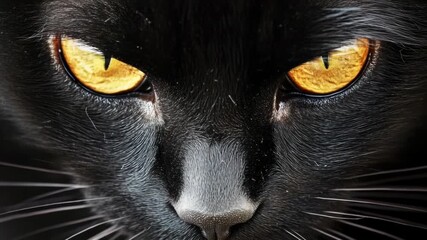 A close-up shot of a black cat's face, featuring bright yellow eyes