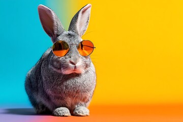 Sunglasses-wearing bunny on bright colorful background
