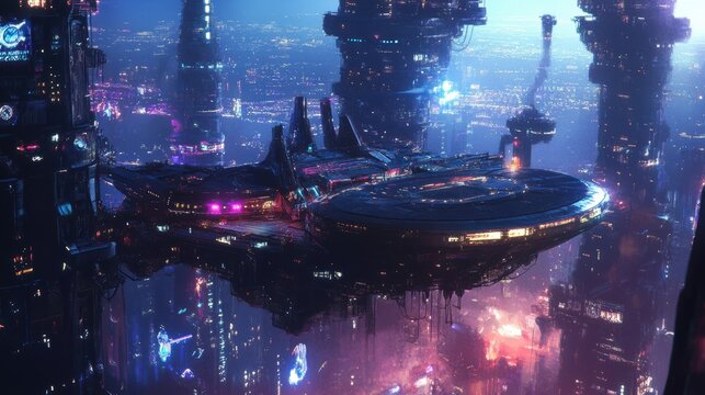 A futuristic cityscape featuring a hovering spaceship among towering structures illuminated by vibrant neon lights.