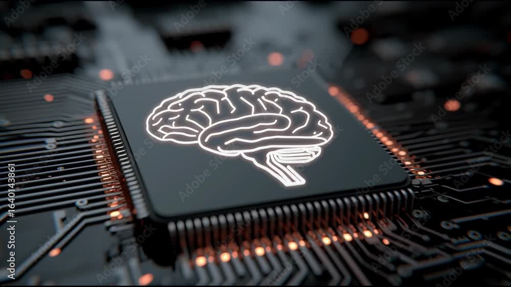 Poster exploring the intersection of technology and neuroscience through brain chip innovations in modern c