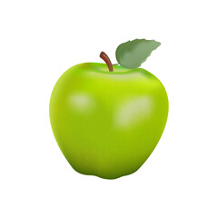 Green apple 3D render realistic illustration. A whole green apple and a green leaf. isolated on a white background.