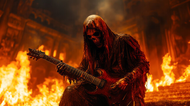 Hooded skeleton plays guitar on deathcore music festival - Powered by Adobe