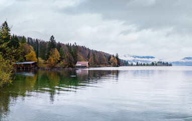Mountain alpine autumn overcast evening lake Walchensee view, Kochel, Bavaria, Germany.