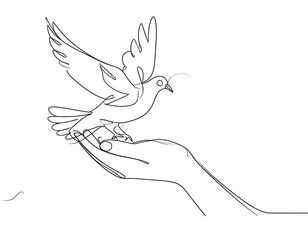 Naklejka premium A hand holding a soaring bird in continuous line drawing