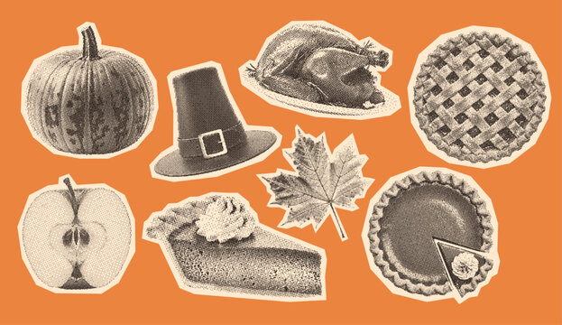 thanksgiving elements collection, pilgrim hat, pumpkin, traditional pie, maple leaf, roasted turkey, retro halftone set, autumn vintage stipple effect style illustration