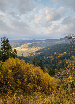 Cloudy morning autumn mountain scene. Peaceful picturesque traveling, seasonal, nature and countryside beauty concept scene.
