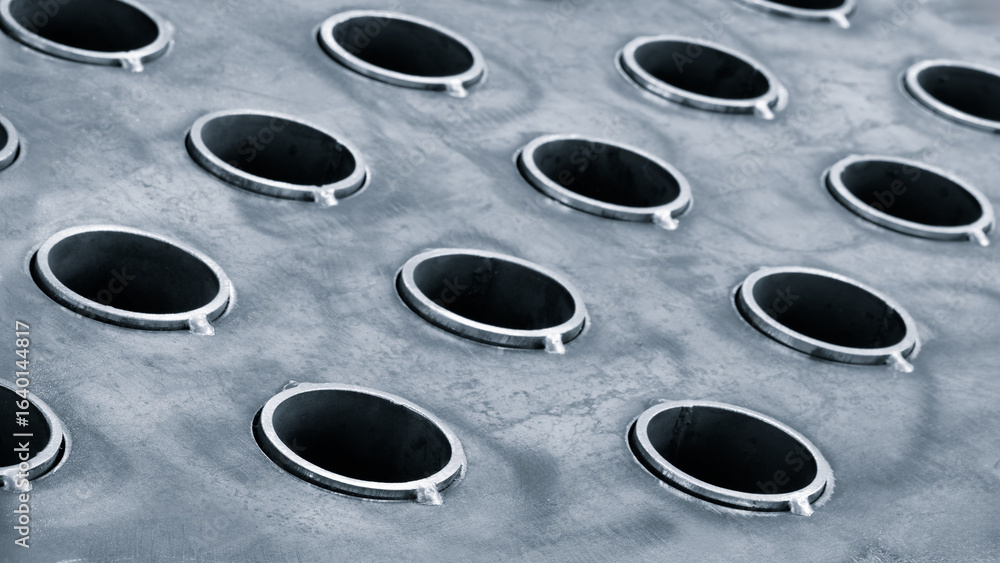 Poster close up of a metal surface with many small holes. holes are all the same size and shape, and they a