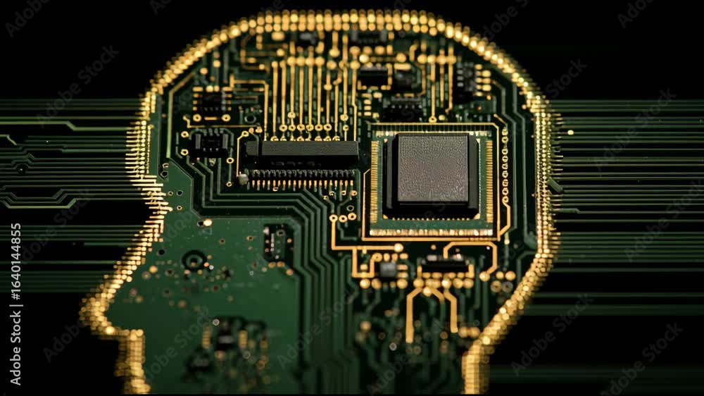 Poster exploring the intersection of technology and human cognition through circuits and chips in digital r