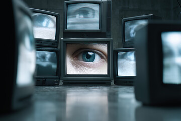 A collection of vintage television screens. One of them has an eye looking straight out from the screen, representing surveillance 