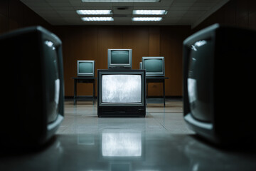 A collection of retro televisions arranged in a dimly lit room, exuding a vintage aesthetic. The central television screen is prominently positioned.