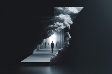 Surreal imagery of a person walking through a dark passage way in human head silhouette, with the passage way lit by a bright light