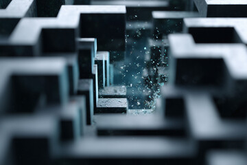 Intricate maze of geometric shapes, symbolizing challenge and complexity. A view through the maze, with a path leading towards light and mystery