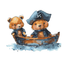 Vectorized watercolor illustration of cute bears rowing a boat on sea waves. Soft pastel tones and delicate brushstrokes create a dreamy, storybook-style artwork, perfect for children's themes.