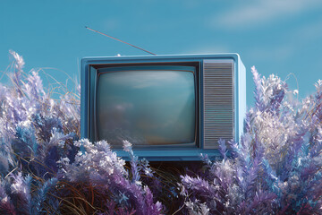 An Old Television Set Amidst Field of purple flowers. An old TV set, evoking nostalgia