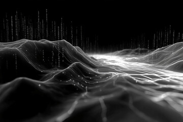 Abstract digital landscape, rendered in a futuristic, data-driven style, featuring flowing lines and an ethereal glow, suggestive of a complex, interconnected network