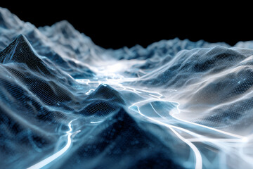 A digital landscape of mountains and valleys, illuminated with vibrant lines of light, suggesting the flow of energy or data