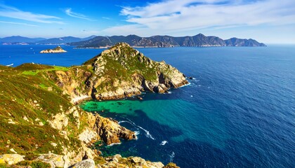 Fototapeta premium High angle view of coastal landscape with rocky headlands and turquoise water.