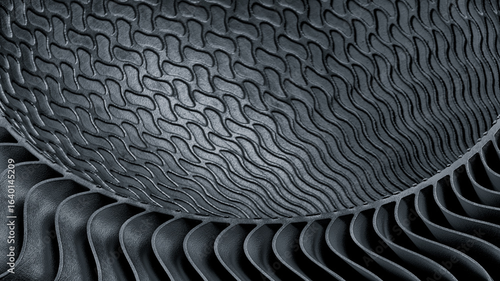 Poster metal piece with a pattern created by a 3d printer. lines are arranged in a spiral pattern, creating