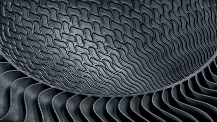 metal piece with a pattern created by a 3D printer. lines are arranged in a spiral pattern, creating a sense of movement and energy. Adaptive technologies concept background