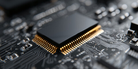 Macro shot of a microchip, highlighting technological innovation and electronic components 
