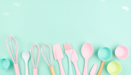 Pastel kitchen utensils on mint green background