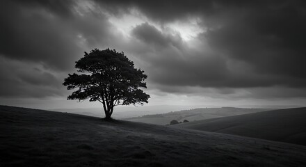 Monochrome Lone Tree on Hill: A solitary tree stands prominently on a rolling hill, framed by a dramatic, overcast sky in a timeless, monochrome scene that evokes a sense of solitude, peace.