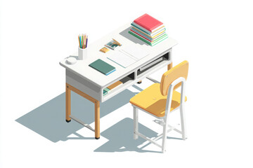 Fototapeta premium School desk with yellow chair notebooks books pencils and stationery on white background symbolizing education learning and study environment